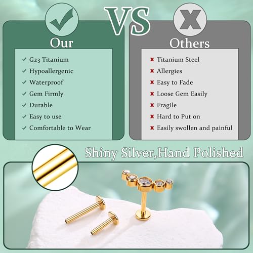 LOLIAS 16G G23 Titanium Tragus Conch Helix Piercing Jewelry 6mm 8mm 10mm - Internally Threaded Flat Back Stud Cartilage Earrings Hypoallergenic Forward Earlobe Labret Tragus Piercing Jewelry - color: 5 CZ-14K Gold