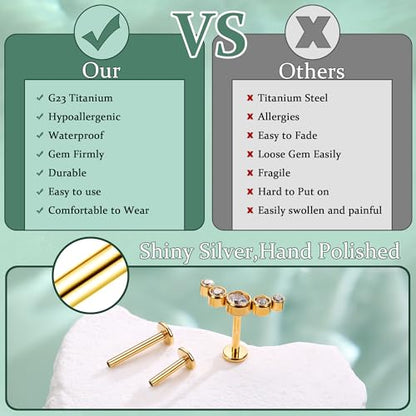 LOLIAS 16G G23 Titanium Tragus Conch Helix Piercing Jewelry 6mm 8mm 10mm - Internally Threaded Flat Back Stud Cartilage Earrings Hypoallergenic Forward Earlobe Labret Tragus Piercing Jewelry - color: 5 CZ-14K Gold