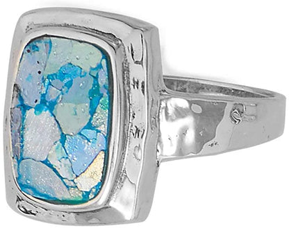 .925 Sterling Silver Hammered Roman Glass Women's Ring