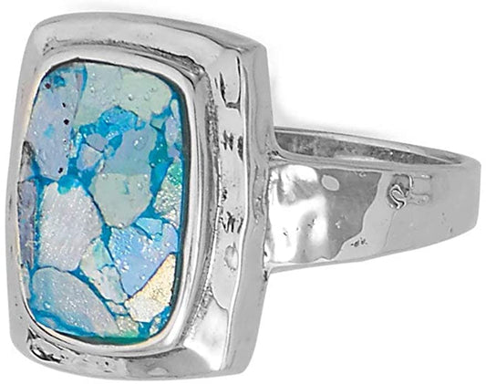 .925 Sterling Silver Hammered Roman Glass Women's Ring