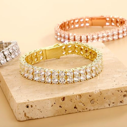 JINAO 2-Row Tennis Bracelet for Men & Women, 14K Gold Plated Brass, Iced-Out Cubic Zirconia Chain, Unisex Hip-Hop Style - color: 9" Gold