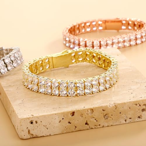 JINAO 2-Row Tennis Bracelet for Men & Women, 14K Gold Plated Brass, Iced-Out Cubic Zirconia Chain, Unisex Hip-Hop Style - color: 7'' Gold