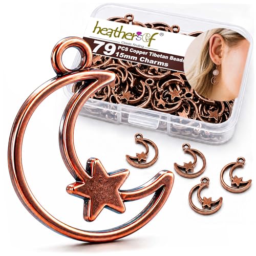 Heather's cf Star Charms for Jewelry Making Silver Tibetan Star Moon Snowflake Pendants Non Tarnish Metal Earring Charm for Bracelets Necklaces Earrings DIY Jewelry Making Supplies - color: Copper Moon- 79Pcs