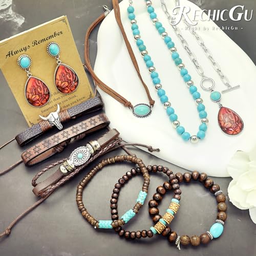 RechicGu Western Jewelry For Women Bohemian Turquoise Dangle Earrings Necklace Bracelet Set, Bullhead Pendant Layered Choker Boho Faux Leather Wristband Country Concert Cowgirl Accessories - color: Jewelry Set Cactus E