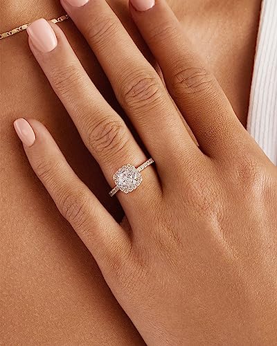 PAVOI 14K Gold Plated Square Halo Engagement Rings | Premium Cubic Zirconia Promise Eternity Ring for Women | Wedding Bands - color: White Gold