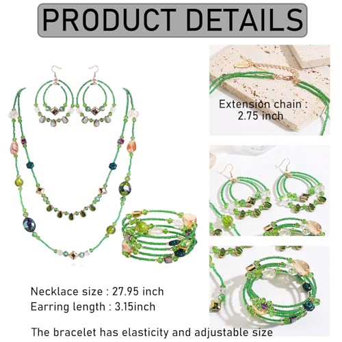 Bocar Bohemian Handmade Beaded Jewelry Set for Women 3 Pcs Layered Necklace Hoop Earrings Wrap Bracelet Set Boho Summer Vacation Jewelry Gift (NK-10834) - color: Green