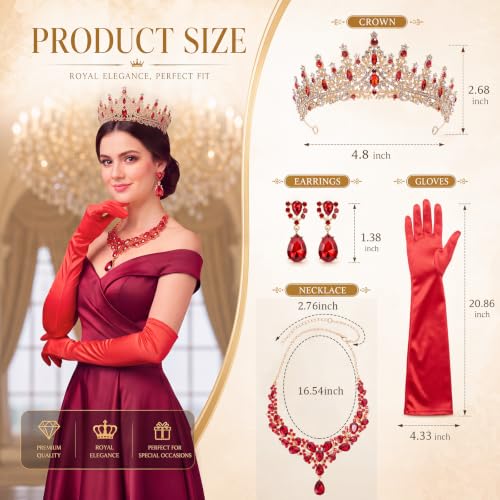 Tondiamo Bridal Jewelry Accessories Set Wedding Crystal Tiaras Crown Teardrop Necklace Earrings Satin Gloves for Women Queen Princess Birthday Prom Pageant Wedding Party - color: Red