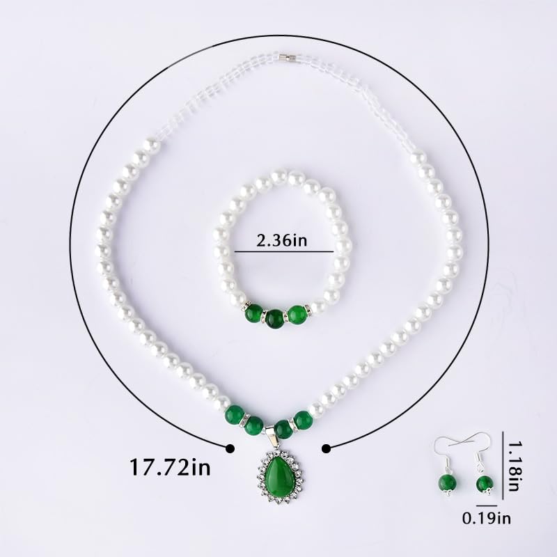 Faux Pearl Jade Necklace Earring Bracelet Set Green Bead Drop Earrings Elastic Beaded Bracelet for Mom Bride Adjustable Simulated Jade Pearl Choker with Diamond for Wedding Birthday Party Gifts 3PCS