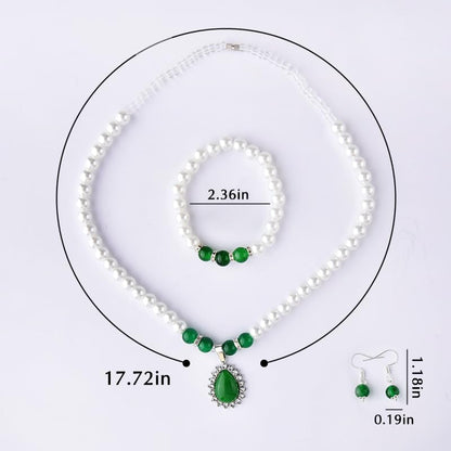 Faux Pearl Jade Necklace Earring Bracelet Set Green Bead Drop Earrings Elastic Beaded Bracelet for Mom Bride Adjustable Simulated Jade Pearl Choker with Diamond for Wedding Birthday Party Gifts 3PCS