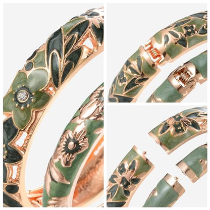 UJOY Cloisonne Bracelet Lotus Flower Plated Cuff Bangle Enameled Jewelry Bracelets Gift for Women Pack in Case 88B16 - color: A11-2 Pcs Set-Green