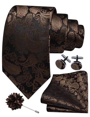 GUSLESON 3.15"（8cm） Mens Paisley Tie and Lapel Pin Necktie Hankerchief Cufflinks Set for Men - color: Dusty Brown