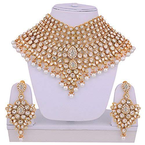 Aheli Bollywood Style Indian Bridal Choker Necklace Matha Patti Nose Ring Haath Phool Wedding Fashion Bharatanatyam jewellery set for Women - color: White