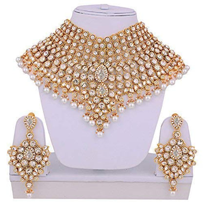 Aheli Bollywood Style Indian Bridal Choker Necklace Matha Patti Nose Ring Haath Phool Wedding Fashion Bharatanatyam jewellery set for Women - color: White
