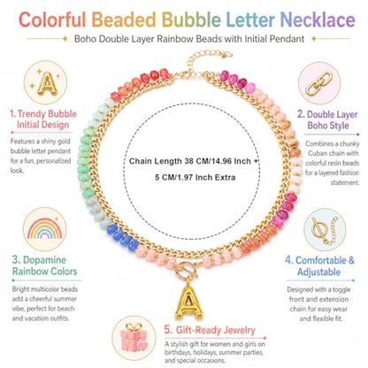 Colorful Beaded Bubble Letter Necklace For Women, Boho Double Layer Dopamine Rainbow Resin Beads Thick Cuban Chain Chunky With Initials Pendant Necklaces Summer Beach Jewelry Gift ﻿ - color: Dop H