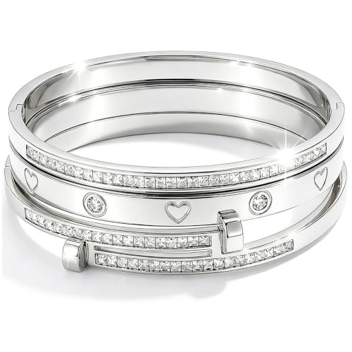 Camhanno Stackable Silver Bracelets for Women Stainless Steel Love & Friendship Bangle, Mothers Day Valentines Birthday Christmas Jewelry Gifts for Mom Her Wife Grandma - style: Style 15