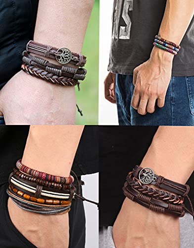 15Pcs Braided Leather Bracelet Boho Cuff Wrap String Wood Bead Woven Ethnic Stretch Wristbands Bracelets Set for Men Women Size Adjustable - style: B:15Pcs(Black)