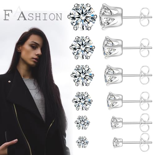 Ringcal Stainless Steel Stud Earrings Set Hypoallergenic Cubic Zirconia 14K White Gold CZ Earrings for Women - color: Silver-6Pairs-3 4 5 6 7 8mm