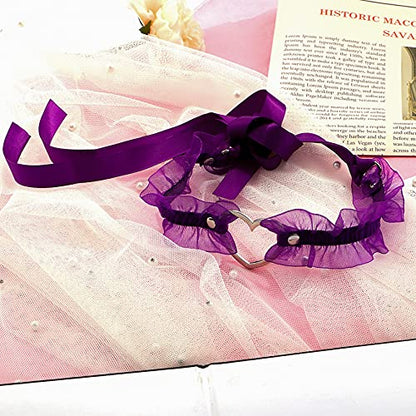 Eigso Velvet Gothic Garter for Women Heart Leg Ring with Rivets Elastic Lace Bracelets Choker Set - color: Purple