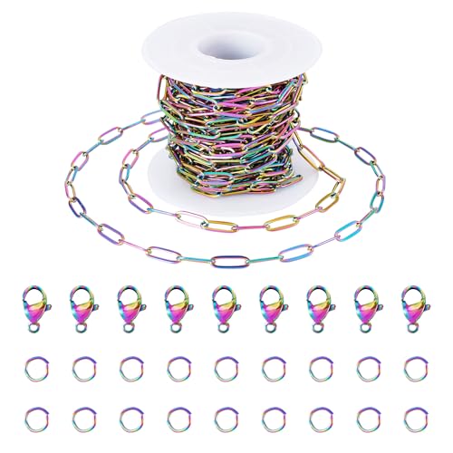 5M/5Yard 18K Gold Plate Paperclip Chains Stainless Steel Link Chains Rainbow Color 4mm Necklace Chain for Bracelet Choker Jewelry Making with Lobster Claw Clasps Jump Rings - color: Rainbow Color, size: 4mm