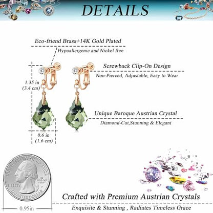 Austrian Crystal Baroque Drop Clip On Dangle Earrings for Women Non Pierced 14K Rose Gold Plated Hypoallergenic Jewelry - color: Fern Green