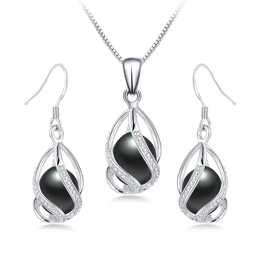 Pearl Jewelry Set For Women S925 Sterling Silver/14K Gold Plated Necklace & Earrings Set Freshwater Pearl Pendant Cage Set for Wedding Anniversary Prom Birthday Gift - color: Silvery-Black