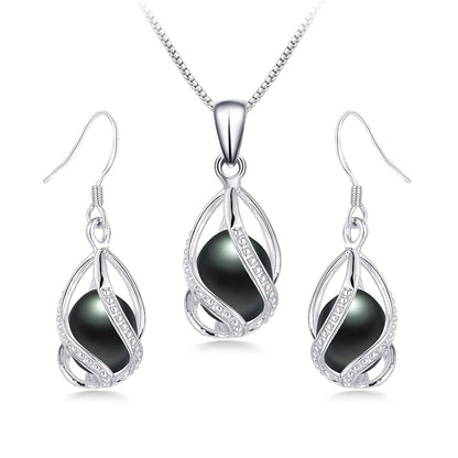 Pearl Jewelry Set For Women S925 Sterling Silver/14K Gold Plated Necklace & Earrings Set Freshwater Pearl Pendant Cage Set for Wedding Anniversary Prom Birthday Gift - color: Silvery-Black
