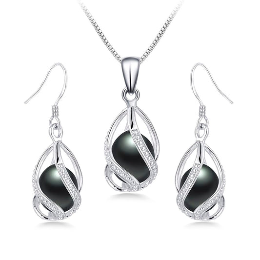 Pearl Jewelry Set For Women S925 Sterling Silver/14K Gold Plated Necklace & Earrings Set Freshwater Pearl Pendant Cage Set for Wedding Anniversary Prom Birthday Gift - color: Silvery-Black
