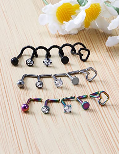 20G 18G 16G Nose Rings Studs 316L Surgical Steel Flat Back Threadless Push in Nose Studs Screw L-Shaped Nose Rings Tragus Cartilage Helix Earrings Piercing Jewelry for Women Men - color: Set E:20G(0.8MM)-Mix Color