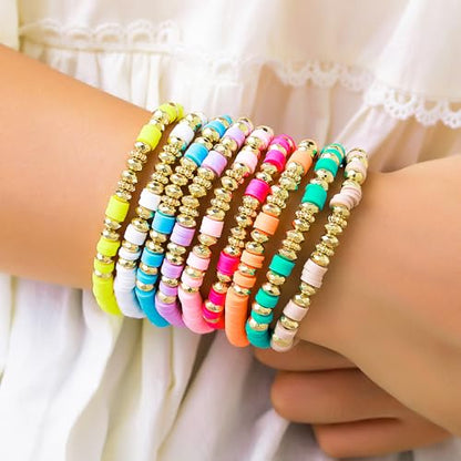Friendship Bracelets for Women - Heishi Surfer Colorful Smile Evil Eye Clay Beaded Stretch Bracelets Elastic Layering - Stackable Boho Disc Y2K Aesthetic Summer Jewelry Set. - color: B-surfer-9pc-colorful