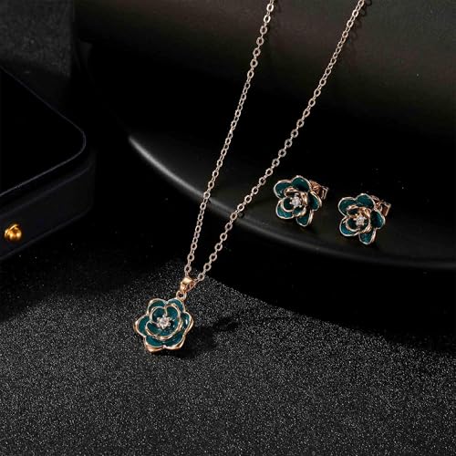 EVEVIC Dainty Flower Pendant Necklace Earrings for Women 14K Gold Plated Hypoallergenic Jewelry Sets - color: Green /Rose Gold-tone