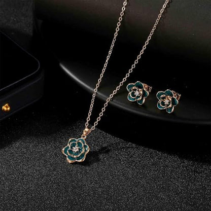 EVEVIC Dainty Flower Pendant Necklace Earrings for Women 14K Gold Plated Hypoallergenic Jewelry Sets - color: Green /Rose Gold-tone
