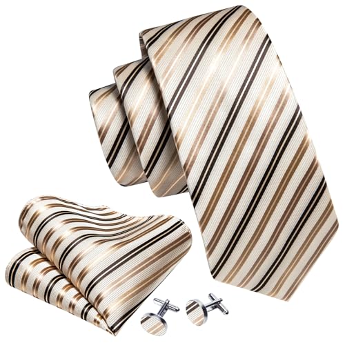 YOHOWA Men Plaid/Striped Ties Clip Set Silk Necktie Pocket Square Cufflinks | Woven Classic,Formal/Casual Mens Tie,Pocket Square Cufflinks Set,Luxury,Business,Wedding,Party,Prom,Graduation - color: Beige Black
