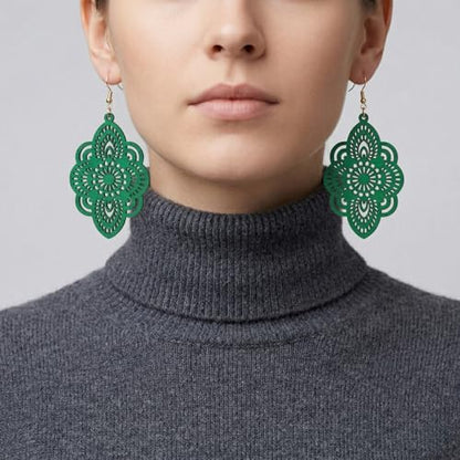 Boho Black Filigree Dangle Earrings for Women, Lightweight Hollow Lace Drop, Wood, 3.34" x 1.69", Bohemian Jewelry - color: Green