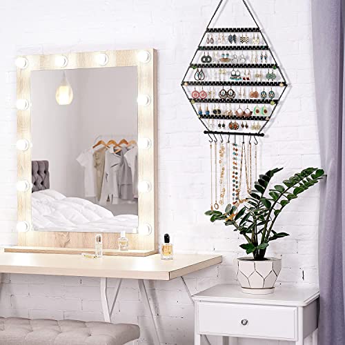 Hexagon Metal Hanging Earring Organizer,Hold 120 Pairs of Earrings | Earring Holder Wall Mounted,Hanging Wall Jewelry Holder Organizer for Earring Stud Hoop Dangle Bracelet Necklace - color: Black