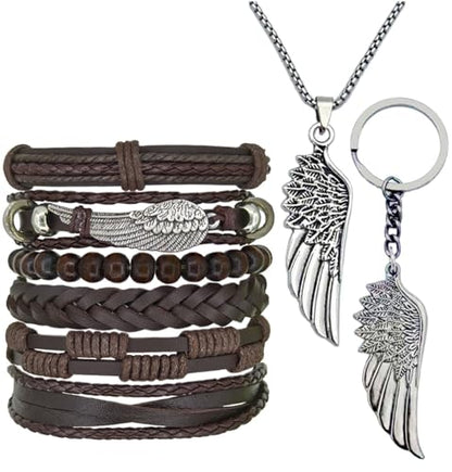 8Pcs Punk Leather Bracelet Set for Men & Women, 6Pcs Braided PU Cuffs, Necklace & Keychain, Adjustable, Stackable - style: BrownWings