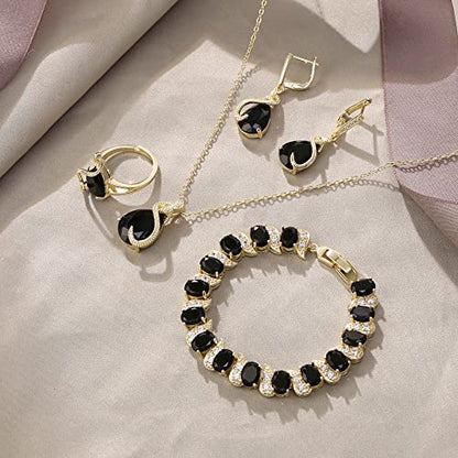 EVER FAITH Wedding Jewelry Set for Bride Bridesmaid, Glamour Teardrop Cubic Zirconia Pendant Necklace Earrings Tennis Bracelet Open Ring Sets for Birthday/Valentine's Day/Mother's Day/Christmas - color: A_Black Gold-Plated-Brass