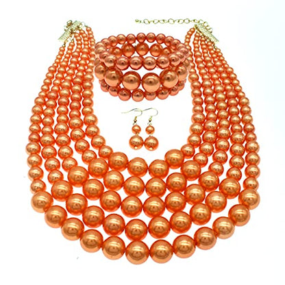 JNF Large Faux Pearl Necklaces for Women Multi strand Pearl Necklace Bracelet and Earrings Set 1920s Costume Pearls Necklace Jewelry Accessories - color: Orange Pearl Necklace