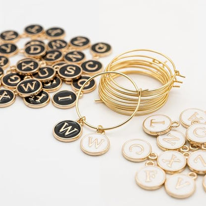 112 Pcs Wine Glass Charms Set, 60 Gold Hoop Rings + 52 Black & White Letter Beads Enamel Initial Charms, Zinc Alloy Iron Drink Markers for Stem Glasses, Wine Charm Identifier for Thanksgiving Christmas Party Favors Decor