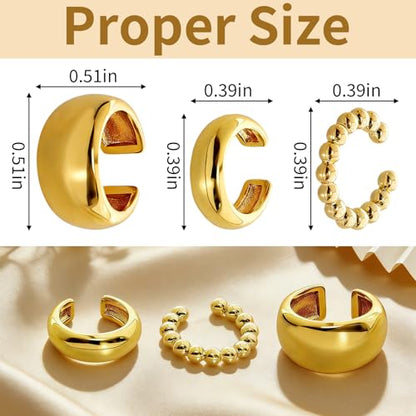 3 Pcs Ear Cuffs for Women Non Piercing Earrings Set 14K Gold/Silver Plated Ear Cuff for Non Pierced Ears Chunky Thin Clip On Earring Fake Earrings - color: Gold
