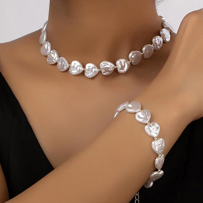 Wedding Pearl Jewelry Set for Women Classic Necklace and Earrings Faux Pearls Bridesmaid Gift wedding bride trendy fashion jewelry fall fashion - color: B-Imitation pearl peach heart collarbone chain set