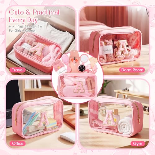 9 Pcs Bow Gift for Woman Set with Hair Headband Scrunchie Sleep Eye Mask Hair Claw Bow Comb with Mirror Monogram Cosmetic Bag Socks for Bachelorette Party Spa Sleepover Birthday Gifts (A) - style: A