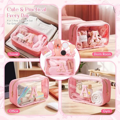 9 Pcs Bow Gift for Woman Set with Hair Headband Scrunchie Sleep Eye Mask Hair Claw Bow Comb with Mirror Monogram Cosmetic Bag Socks for Bachelorette Party Spa Sleepover Birthday Gifts (A) - style: A
