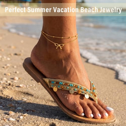 Quietsun Trendy 2 Layers Anklet Bracelets for Women-Waterproof-Adjustable-for General/Big Anklets-Gold/Silver - color: Gold-Plus