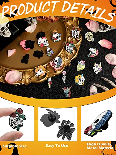 BBTO 20 Pieces Enamel Pins Skull Spooky Skeleton Enamel Pins Set Black Decorative Cartoon Goth Skull Horror Dark Brooch Cute Lapel Buttons for Jacket Backpack Hat Halloween - style: Lively