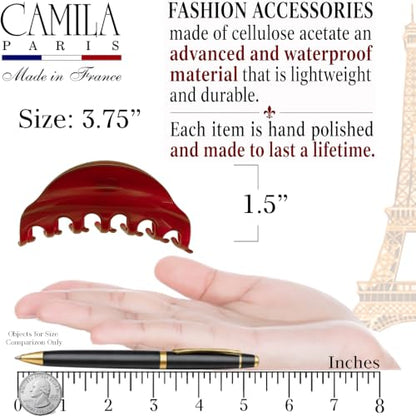 Camila Paris CP2529 French Hair Clips for Women, 3.75" Red Large Claw Clip Strong Hold All Day, Girl Large Claw Clips for Thick Hair, No Damage No Slip Flat Clip for Women. Made in France - color: Red
