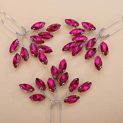 Teyglen 3pcs Bridal Crystal Hair Pins Rhinestones Hair Pieces Simple Crystal Wedding Hair Accessories Handmade Hair Pins for Women Bride(Rose Red) - color: Rose Red