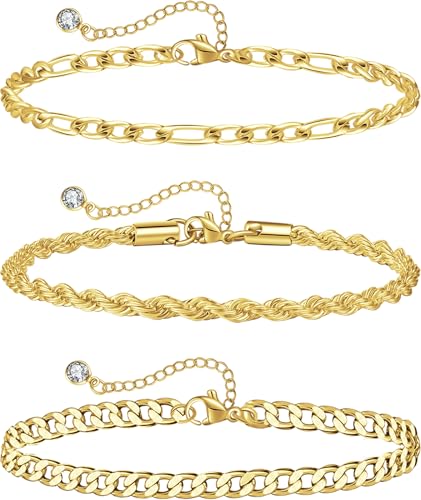 Plus Size Ankle Bracelets for Women - Extra Large 10"+2" Adjustable Anklet 14K Real Gold Plated Anklet Cuban Link, Figaro, Rope, Snake Herringbone - Summer Beach Waterproof Foot Jewelry - color: Figaro,Curb,Rope