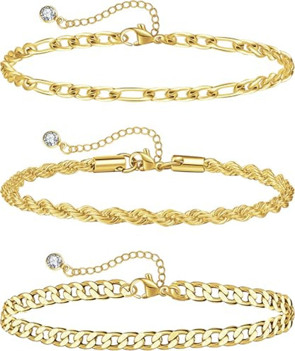 Plus Size Ankle Bracelets for Women - Extra Large 10"+2" Adjustable Anklet 14K Real Gold Plated Anklet Cuban Link, Figaro, Rope, Snake Herringbone - Summer Beach Waterproof Foot Jewelry - color: Figaro,Curb,Rope