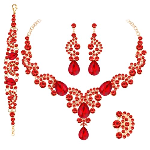 Paxuan Crystal Bridal Wedding Jewelry Sets for Women Rhinestone Teardrop Crystal Statement Choker Necklace Drop Earrings Link Bracelets Rings Teardrop Jewelry Set for Brides Bridesmaids - color: Necklace+Earrings+Bracelet+Ring（Red）New