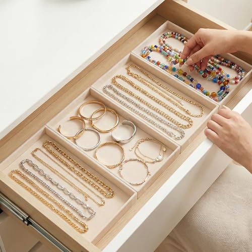 12 Pcs Velvet Jewelry Tray, 8.3x5x1 Inches Stackable Jewelry Drawers Organizer Trays JewelryStorage Display Trays for Necklace, Earring, Ring, Bracelet (Beige)